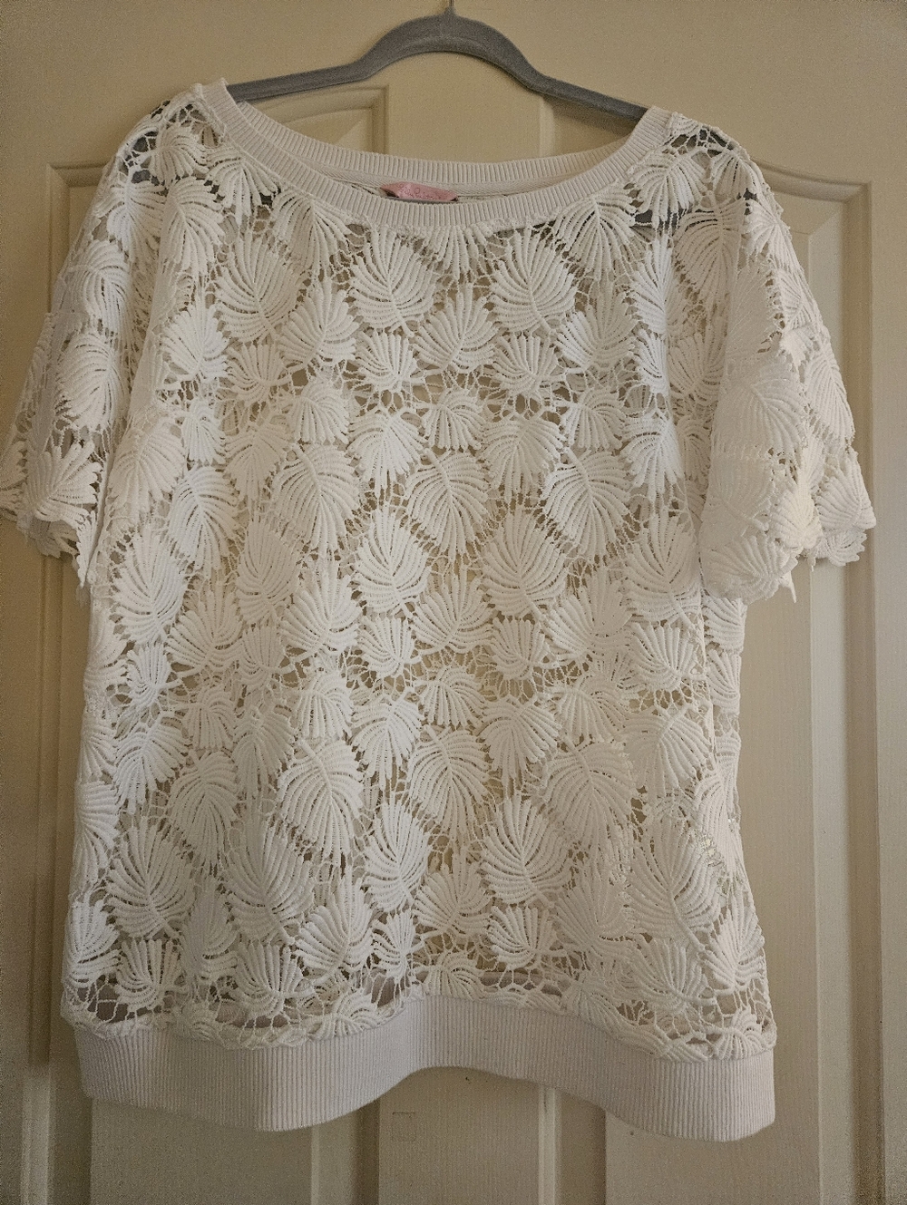 Lilly Pulitzer White Palm Frond Crocheted Short Sleeve Top